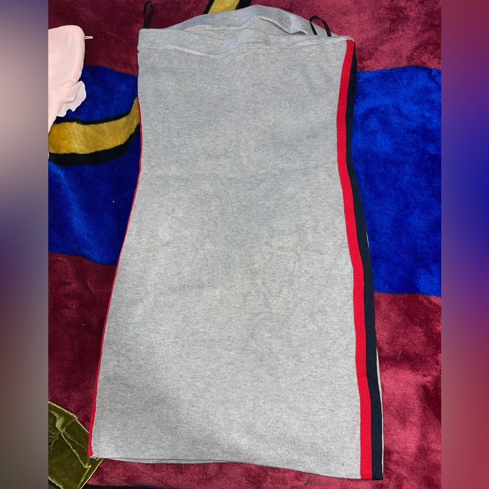 Gray Dress with Red and Black Stripes